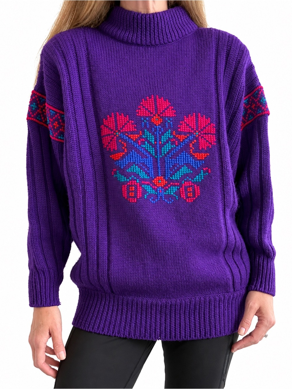 Vintage Wool Purple Floral Intarsia Turtleneck Sweater 80’s